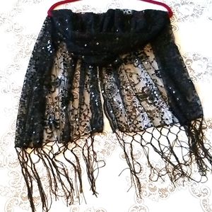 BLACK LACE AND SEQUIN SHAWL WITH TASSELS
